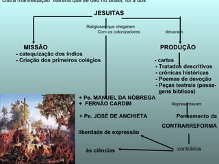 Outra manifestação  literária que se deu no Brasil, foi a dos JESUITAS Religiosos que chegaram Com os colonizadores  deixaram MISSÃO  PRODUÇÃO   - catequização dos índios  -  Criação dos primeiros colégios   - cartas   - Tratados descritivos - crônicas históricas - Poemas de devoção  - Peças teatrais (passa- gens bíblicos) + Pe. MANUEL DA NÓBREGA +  FERNÃO CARDIM  Representavam + Pe. JOSÉ DE ANCHIETA  Pensamento da  CONTRARREFORMA liberdade de expressão  às ciências contrários 