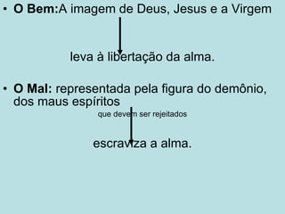 O Bem: A imagem de Deus, Jesus e a Virgem  leva à libertação da alma. O Mal:  representada pela figura do demônio, dos maus espíritos  que devem ser rejeitados escraviza a alma. 