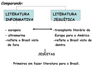Comparando: LITERATURA  LITERATURA INFORMATIVA  JESUÍTICA - europeia  -transplante literário da  - ultramarina  Europa para a América   -reflete o Brasil visto  -reflete o Brasil visto de  de fora   dentro . JESUITAS Primeiros em fazer literatura para o Brasil. 