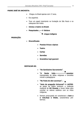 Literatura Brasileira 2011- Profª Carrattini                     8


PADRE JOSÉ DE ANCHIETA:

                   •    Chegou no Brasil apenas com 17 anos.

                   •   Era espanhol.

                   •   Teve um papel importante na fundação de São Paulo e na
                       catequese dos índios.

                   •   Iniciou o teatro no Brasil.

                   •   Pesquisador ---- folclore

                                               Língua indígena

   PRODUÇÃO:

                   •   Diversificada:

                                     •   Poesias líricas e épicas

                                     •   Teatro

                                     •   Cartas

                                     •   Sermões

                                     •   Gramática tupi-guarani



                 DESTACAM-SE:

                                     •   “Do Santíssimo Sacramento”

                                     •   “A    Santa    Inês-----------------poesias:
                                         impregnadas de idéias religiosas e conceitos
                                         morais e pedagógicos

                                     •   “Na Festa de são Lourenço”,

                                     •   “Auto da pregação Universal”- AUTOS:
                                         as peças de teatro lembram a tradicçao
                                         medieval de Gil Vicente e foram feitas para
                                         conciliar os valores católicos com os mitos
                                         indígenas.

                                     •   Sempre preocupado em caracterizar o bem e
                                         o mal,Anjo e Diabo, característica pré-
                                         barroca.
 