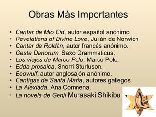 Obras Màs Importantes Cantar de Mio Cid , autor español anónimo Revelations of Divine Love , Julián de Norwich Cantar de Roldán , autor francés anónimo. Gesta Danorum , Saxo Grammaticus. Los viajes de Marco Polo , Marco Polo. Edda prosaica , Snorri Sturluson. Beowulf , autor anglosajón anónimo. Cantigas de Santa María , autores gallegos La Alexiada , Ana Comnena. La novela de Genji   Murasaki Shikibu  