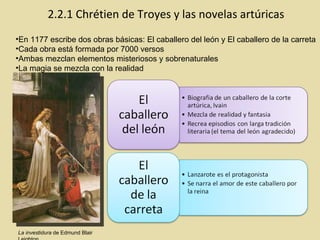 2.2.1 Chrétien de Troyes y las novelas artúricas En 1177 escribe dos obras básicas: El caballero del león y El caballero de la carreta Cada obra está formada por 7000 versos Ambas mezclan elementos misteriosos y sobrenaturales La magia se mezcla con la realidad La investidura  de Edmund Blair Leighton 