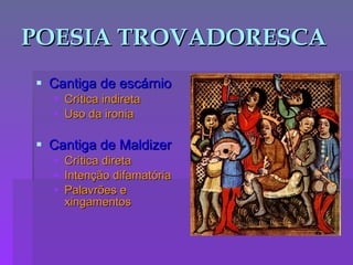 POESIA TROVADORESCA Cantiga de escárnio Crítica indireta Uso da ironia Cantiga de Maldizer Crítica direta Intenção difamatória Palavrões e xingamentos 
