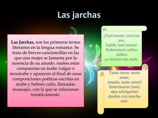 ¡Tant'amare, tant'am
                                                  are,
Las Jarchas, son los primeros textos
                                          habib, tant'amare!
 literarios en la lengua romance. Se
                                          Enfermiron uellos
 trata de breves cancioncillas en las          nidios
   que una mujer se lamenta por la       ya duelen tan male.
 ausencia de su amado. suelen estar
    compuestas en árabe vulgar o
mozárabe y aparecen al final de unas       Tanto amar, tanto
 composiciones poéticas escritas en               amar,
                                          amado, tanto amar!
    árabe y hebreo culto, llamadas
                                           Enfermaron (mis)
 moaxajas, con la que se relacionan         ojos refulgentes
            temáticamente.                duelen con mucho
                                                   mal.
 