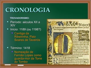 CRONOLOGIACRONOLOGIA
 Período: séculos XII aPeríodo: séculos XII a
XIVXIV
 Início: 1189 (ou 1198?)Início: 1189 (ou 1198?)
 Cantiga daCantiga da
Ribeirinha, PaioRibeirinha, Paio
Soares de TaveirósSoares de Taveirós
 Término: 1418Término: 1418
 Nomeação deNomeação de
Fernão Lopes comoFernão Lopes como
guarda-mor da Torreguarda-mor da Torre
do Tombodo Tombo
TROVADORISMO:
 