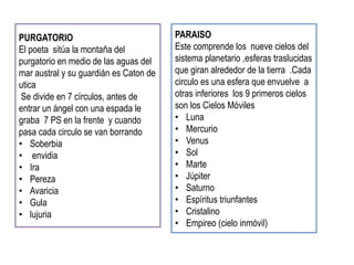PURGATORIO
El poeta sitúa la montaña del
purgatorio en medio de las aguas del
mar austral y su guardián es Caton de
utica
Se divide en 7 círculos, antes de
entrar un ángel con una espada le
graba 7 PS en la frente y cuando
pasa cada circulo se van borrando
• Soberbia
• envidia
• Ira
• Pereza
• Avaricia
• Gula
• lujuria
PARAISO
Este comprende los nueve cielos del
sistema planetario ,esferas traslucidas
que giran alrededor de la tierra .Cada
circulo es una esfera que envuelve a
otras inferiores los 9 primeros cielos
son los Cielos Móviles
• Luna
• Mercurio
• Venus
• Sol
• Marte
• Júpiter
• Saturno
• Espíritus triunfantes
• Cristalino
• Empireo (cielo inmóvil)
 
