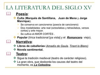 LA LITERATURA DEL SIGLO XV Poesía : Culta  ( Marqués de Santillana,  Juan de Mena  y  Jorge Manrique ). Se conserva en cancioneros (poesía de cancionero) Dos modalidades: arte real (octosílabos y tetrasílabos, versos cortos) y arte mayor. Se cultiva el AMOR CORTÉS .  Popular  (lírica tradicional [ya vista] y el  Romancero   viejo). Narrativa : Libros de caballerías  ( Amadís de Gaula ,  Tirant lo Blanc)   Novela sentimental.  Teatro : Sigue la tradición medieval (teatro de carácter religioso). La gran obra, que desborda los cauces del teatro del momento, es   La Celestina . 