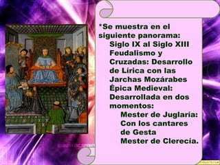 *Se muestra en el siguiente panorama: Siglo IX al Siglo XIII  Feudalismo y Cruzadas: Desarrollo de Lírica con las Jarchas Mozárabes  Épica Medieval: Desarrollada en dos momentos:  Mester de Juglaría: Con los cantares de Gesta  Mester de Clerecía. 