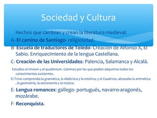 ∗ Hechos que cambian y crean la literatura medieval.
A- El camino de Santiago- religiosidad.
B- Escuela de traductores de Toledo- Creación de Alfonso X, El
Sabio. Enriquecimiento de la lengua Castellana.
C- Creación de las Universidades: Palencia, Salamanca y Alcalá.
Estudios el trivium y el quadrivium. Caminos por las que podían adquirirse todos los
conocimientos existentes.
El Trivio comprendía la gramática, la dialéctica y la retórica; y el Cuadrivio, abrazaba la aritmética
, la geometría, la astronomía y la música.
E- Lengua romances: gallego- portugués, navarro-aragonés,
mozárabe.
F- Reconquista.
Sociedad y Cultura
 