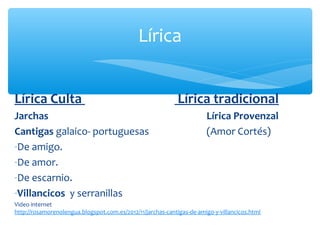 Lírica Culta Lírica tradicional
Jarchas Lírica Provenzal
Cantigas galaico- portuguesas (Amor Cortés)
-De amigo.
-De amor.
-De escarnio.
-Villancicos y serranillas
Video internet
http://rosamorenolengua.blogspot.com.es/2012/11/jarchas-cantigas-de-amigo-y-villancicos.html
Lírica
 