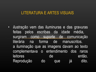 ilustração  vem das iluminuras e das gravuras feitas pelos escribas da idade média,  surgiram como suporte de comunicação literária na forma de manuscritos.  a iluminação que as imagens davam ao texto complementava o entendimento dos raros leitores de então. Reprodução do que já dito.   LITERATURA E ARTES VISUAIS  