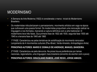 MODERNISMO
•   A Semana de Arte Moderna (1922) é considerada o marco inicial do Modernismo
    Brasileiro.
•   Os modernistas ridicularizavam o parnasianismo, movimento artístico em voga na época
    que cultivavam uma poesia formal. Os modernistas propunham uma renovação radical na
    linguagem e nos formatos, marcando a ruptura definitiva com a arte tradicional. O
    modernismo teve três fases. Sua primeira fase de 1922 até 1930, segunda fase 1930 até
    1945 e a terceira fase de 1945 até 1960
•   1ª FASE: Caracterizou-se pelas tentativas de solidificação do movimento renovador.
    Lançamento de 4 movimentos culturais (Pau-Brasil, Verde-Amarelo, Antropofagia e Anta)
•   PRINCIPAIS AUTORES: MARIO E OSWALD DE ANDRADE, MANUEL BANDEIRA.
•   2ª FASE: Caracterizou-se pela denuncia. Na prosa houve preferências por temas
    nacionais, regionalismo, uma linguagem mais brasileira (encontro do escritor com o povo)
•   PRINCIPAIS AUTORES: GRACILIANO RAMOS, JOSÉ REGO, JORGE AMADO.
 