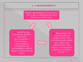 Período que abrangue boa parte do s.
                XIX e que se caracteriza por dous
                     fenómenos relacionados




   1. Aparición dun
                                             2. Recuperación da
 movemento político-
                                               escrita literaria do
       ideolóxico
                                              galego, dentro dun
   (provincialismo –
                                           movemento máis amplo
     rexionalismo –
                                                que visaba a súa
     nacionalismo)
                                              dignificación como
    reivindicador da
                                           lingua e a recuperación
personalidade colectiva
                                           e ampliación social dos
galega e defensor da súa
                                                   seus usos.
         lingua.


                                                                 4
 