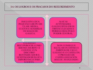 INICIATIVA DUN          AS SÚAS
 PEQUENO GRUPO DE       ACTIVIDADES
    CLASE MEDIA,      GALEGUISTAS ERAN
 CULTOS E SENSIBLES   OBSTACULIZADAS E
    ÓS MALES DE       PERSEGUIDAS POLO
      GALICIA.         PODER CENTRAL.



     O GALEGO
RECUPEROUSE COMO          NON CONSEGUE
 IDIOMA ESCRITO E      IGUALAR EN ESTIMA E
    CONTOU CUN           ÁMBITOS DE USO O
      DISCURSO        GALEGO E O CASTELÁN:
  REIVINDICADOR E          O PROCESO DE
LEXITIMADOR DA SÚA       CASTELANIZACIÓN
 IMPORTANCIA PARA       SEGUIU AVANZANDO.
      GALICIA.

                                         8
 