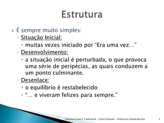 É sempre muito simples:Situação Inicial:muitas vezes iniciado por “Era uma vez…”Desenvolvimento: a situação inicial é perturbada, o que provoca uma série de peripécias, as quais conduzem a um ponto culminante.Desenlace:o equilíbrio é restabelecido“… e viveram felizes para sempre.”Literatura Oral e Tradicional - Conto Popular - Professora Vanda Barreto3Estrutura