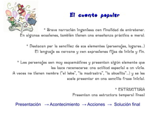 El cue nto popular

                * Breve narración ingeniosa con finalidad de entretener.
    En algunas ocasiones, también tienen una enseñanza práctica o moral.

        * Destacan por la sencillez de sus elementos (personajes, lugares...)
            El lenguaje es cercano y con expresiones fijas de inicio y fin.

  * Los personajes son muy esquemáticos y presentan algún elemento que
                    los hace reconocerse: una actitud especial o un vicio.
A veces no tienen nombre (“el lobo”, “la madrastra”, “la abuelita”...) y se les
                              suele presentar en una sencilla frase inicial.

                                                          * ESTRUCTURA
                                   Presentan una estructura temporal lineal

 Presentación → Acontecimiento → Acciones → Solución final
 