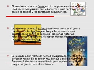  El cuento es un relato breve escrito en prosa en el que se cuentan
unos hechos imaginarios que les ocurren a unos personajes. La
acción es sencilla y los personajes esquemáticos.
 La novela es un relato extenso escrito en prosa en el que se
cuentan unos hechos imaginarios que les ocurren a unos
personajes. La acción es compleja (con varias historias
relacionadas) y los personajes poseen riqueza de sentimientos y
de comportamientos.
 La leyenda es un relato de hechos prodigiosos presentados como
si fueran reales. Es de origen muy antiguo y se solía transmitir de
forma oral. Muchas se han utilizado para explicar las grandes
preguntas que se hace el ser humano.
 