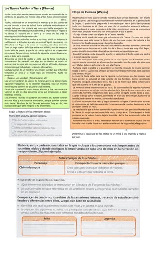 Según la lectura de los anteriores textos:
D
Determina si cada uno de los textos es un mito o una leyenda y explica
por qué.
Los Ticunas Pueblan la Tierra (Tikumas)
Yuche, quien vivía desde siempre en el mundo, en compañía de las
perdices, los paujiles, los monos y los grillos, había visto envejecer
la tierra.
Yuche, se bañaba en un arroyo muy a menudo y un día, cuando se
estaba lavando la cara se inclinó hacia adelante mirándose en el
espejo del agua. Por primera vez notó que había envejecido. Al
verse viejo se entristeció profundamente, y emprendió el regreso a
su choza. El susurro de la selva y el canto de las aves lo
embriagaban de infinita melancolía.
Dicen mientras caminaba, rumbo a su choza, sintió un dolor en la
rodilla como si le hubiera picado un animal. Siguió caminando con
dificultad, y al llegar a la choza se recostó quedándose dormido.
Tuvo un largo sueño. Soñó que entre más soñaba, más se envejecía
y más débil se ponía, y que de su cuerpo agónico se proyectaban
otros seres. Despertó muy tarde al día siguiente y quiso levantarse,
pero el dolor se lo impidió.
Entonces se miró la rodilla y notó que la tenía hinchada y
transparente. Le pareció que algo en su interior se movía. Al
acercar más los ojos vio con sorpresa, allá en el fondo, dos seres
minúsculos que trabajaban y se puso a observarlos.
Las figuras eran de un hombre y una mujer, cuentan que el hombre
templaba un arco y la mujer tejía un chinchorro. Yuche les
preguntó:
¿Quiénes son ustedes? ¿Cómo llegaron ahí?
Los seres levantaron la cabeza, lo miraron, pero no dijeron nada,
siguieron trabajando. Al no obtener respuesta, hizo un máximo
esfuerzo para ponerse de pie, pero cayó en tierra.
Dicen que se golpeó la rodilla contra el suelo, y fue tan fuerte que
salieron de allí los dos pequeños seres que empezaron a crecer
mientras él moría.
Los primeros Ticunas se quedaron un tiempo allí, donde tuvieron
muchos hijos y más tarde se marcharon, porque querían conocer
más tierras. Muchos de los Ticunas existentes hoy en día, han
buscado ese lugar pero ninguno lo ha encontrado.
El Hijo de Pushaina (Wayúu)
Hace mucho un indio guajiro llamado Pushaina, tuvo un hijo destinado a ser el jefe
de los guajiros. Los indios guajiros viven en el norte de Colombia, en la península de
la Guajira. El padre había preparado al muchacho para ser el jefe y tenía puestas
todas sus ilusiones en él. Pero un buen día el muchacho amaneció enfermo.
Pushaina buscó al mejor curandero de la tribu, éste lo rezó, como se acostumbra
entre ellos. Después de mirarlo con preocupación le dijo al padre.
- Tu hijo sólo se curará con el pelo de la Chama hervido.
Pushaina sintió miedo de tener que enfrentarse a la Chama. Ésta era una mujer
monstruosa que solía tomar la forma de una hermosa mujer. Así seducía a los
hombres, los llevaba a una cueva y luego los devoraba.
La única forma de quitarle un mechón a la Chama era estando dormida. La horrible
mujer vivía entre las rocas en lo más alto de la Sierra, donde era muy difícil llegar,
puesto que ella controlaba a todo el que caminara por aquellos parajes.
Cuando Pushaina estaba dispuesto a partir, el sabio de la tribu le regaló una piedra
y le dio el siguiente consejo:
- Cuando estés cerca de la Sierra, piensa en un ave y aprieta con fuerza esta piedra
sagrada que te convertirá en el ave que has pensado. Pero la magia sólo sirve una
vez. Si fallas deberás enfrentarte tú solo a la Chama.
Pushaina cogió la piedra y la guardó en su mochila. Después de mucho caminar
llegó a la Sierra. Cuando iba a trepar por las encumbradas montañas, se le apareció
una hermosa mujer.
La mujer le hacía señas para que la siguiera, su hermosura era tan singular que
hacia perder la voluntad al más valiente de los hombres. Como hipnotizado
Pushaima la siguió, olvidándose de su hijo y de la misión que debía cumplir para
que éste pudiera ser el jefe de los guajiros.
La hermosa dama se adentró en las rocas. En cuanto volvió la espalda Pushaima
volvió a acordarse de su hijo y de los cabellos de la Chama. En ese momento la vio
encorvada, horrible, recogiendo palos para armar la fogata donde lo iba a asar.
Cuando la bruja volvió el rostro, convertido en el de una bella mujer, Pushaima ya
tenía la piedra entre sus manos, apretándola con fuerza.
La Chama no sospechaba nada y seguía armando su fogata. Cuando quiso atrapar
el hombre éste ya había desaparecido. Furiosa empezó a revolver las ramas y a dar
puntapiés contra las rocas.
La tortola en la que se había convertido Pushaima voló y se posó en el hombro de
la Chama. La mujer que no sospechaba nada, la dejó estar. El ave empezó a darle
picotazos en la cabeza hasta dejarla dormida. Así le fue arrancando todos los
cabellos que pudo.
Pushaima voló hasta la tribu, llevando el mechón de la Chama en su pico. De esa
forma le salvó la vida al que más adelante sería uno de los grandes jefes guajiros.
 