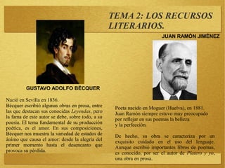 TEMA 2: LOS RECURSOS
LITERARIOS.
JUAN RAMÓN JIMÉNEZ
GUSTAVO ADOLFO BÉCQUER
Poeta nacido en Moguer (Huelva), en 1881.
Juan Ramón siempre estuvo muy preocupado
por reflejar en sus poemas la belleza
y la perfección.
De hecho, su obra se caracteriza por un
exquisito cuidado en el uso del lenguaje.
Aunque escribió importantes libros de poemas,
es conocido, por ser el autor de Platero y yo,
una obra en prosa.
Nació en Sevilla en 1836.
Bécquer escribió algunas obras en prosa, entre
las que destacan sus conocidas Leyendas, pero
la fama de este autor se debe, sobre todo, a su
poesía. El tema fundamental de su producción
poética, es el amor. En sus composiciones,
Bécquer nos muestra la variedad de estados de
ánimo que causa el amor: desde la alegría del
primer momento hasta el desencanto que
provoca su pérdida.
 