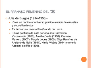 EL PARNASO FEMENINO DEL ‘30
 Julia de Burgos (1914-1953)-
 Crea un particular universo poético alejado de escuelas
y encasillamientos.
 Es famoso su poema Río Grande de Loíza.
 Otras poetisas de este período son Carmelina
Vizcarrondo (1906), Amelia Ceide (1908), Carmen
Marrero (1907), Magda López (1900), Olga Ramírez de
Arellano de Nolla (1911), Nimia Vicéns (1914) y Amelia
Agostini del Río (1896).
 