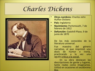 Charles Dickens
• Otros nombres: Charles John
Huffan Dickens
• País: Inglaterra
• Nacimiento: Portsmouth, 7 de
febrero de 1812
• Defunción: Gadshill Place, 9 de
junio de 1870
De los más conocidos de la
literatura universal.
Fue maestro del género
narrativo, al que imprimió una
dosis de humor e ironía,
practicando a la vez una
aguda crítica a la social.
En su obra destacan las
descripciones de gente y lugares,
tanto reales como imaginarios.
Utilizó en ocasiones el seudónimo
Boz.
 
