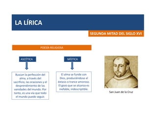 LA LÍRICA
POESÍA RELIGIOSA
SEGUNDA MITAD DEL SIGLO XVI
ASCÉTICA MÍSTICA
San Juan de la Cruz
Buscan la perfección del
alma, a través del
sacrificio, las oraciones y el
desprendimiento de las
vanidades del mundo. Por
tanto, es una vía que todo
el mundo puede seguir.
El alma se funde con
Dios, produciéndose el
éxtasis o trance amoroso.
El gozo que se alcanza es
inefable, indescriptible.
 