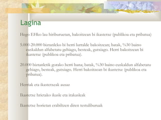 Lagina
Hego EHko lau hiriburuetan, bakoitzean bi ikastetxe (publikoa eta pribatua)

5.000-20.000 biztanleko bi herri lurralde bakoitzean; batak, %30 baino
   euskaldun alfabetatu gehiago, besteak, gutxiago. Herri bakoitzean bi
   ikastetxe (publikoa eta pribatua).

20.000 biztanletik gorako herri bana; batak, %30 baino euskaldun alfabetatu
   gehiago, besteak, gutxiago. Herri bakoitzean bi ikastetxe (publikoa eta
   pribatua).

Herriak eta ikastetxeak ausaz

Ikastetxe hrietako ikasle eta irakasleak

Ikastetxe horietan erabiltzen diren testuliburuak
 