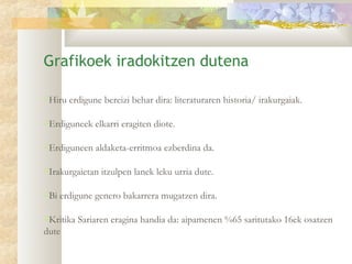 Grafikoek iradokitzen dutena

Hiru erdigune bereizi behar dira: literaturaren historia/ irakurgaiak.

Erdiguneek elkarri eragiten diote.

Erdiguneen aldaketa-erritmoa ezberdina da.

Irakurgaietan itzulpen lanek leku urria dute.

Bi erdigune genero bakarrera mugatzen dira.

Kritika Sariaren eragina handia da: aipamenen %65 saritutako 16ek osatzen
dute
 