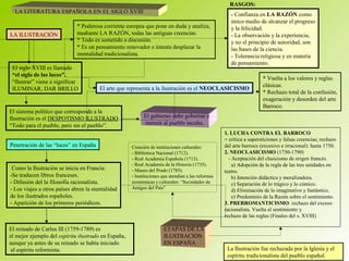 LA LITERATURA ESPAÑOLA EN EL SIGLO XVIII
LA ILUSTRACIÓN
* Poderosa corriente europea que pone en duda y analiza,
mediante LA RAZÓN, todas las antiguas creencias.
* Todo es sometido a discusión.
* Es un pensamiento renovador e intenta desplazar la
mentalidad tradicionalista.
- Confianza en LA RAZÓN como
único medio de alcanzar el progreso
y la felicidad.
- La observación y la experiencia,
y no el principio de autoridad, son
las bases de la ciencia.
- Tolerancia religiosa y en materia
de pensamiento.
El siglo XVIII es llamado
“el siglo de las luces”.
“Ilustrar” viene a significar
ILUMINAR, DAR BRILLO
El sistema político que corresponde a la
Ilustración es el DESPOTISMO ILUSTRADO
“Todo para el pueblo, pero sin el pueblo”.
El gobierno debe gobernar e
instruir al pueblo inculto.
Penetración de las “luces” en España
El arte que representa a la ilustración es el NEOCLASICISMO
* Vuelta a los valores y reglas
clásicas.
* Rechazo total de la confusión,
exageración y desorden del arte
Barroco.
Como la Ilustración se inicia en Francia:
-Se traducen libros franceses.
- Difusión del la filosofía racionalista.
- Los viajes a otros países abren la mentalidad
de los ilustrados españoles.
- Aparición de los primeros periódicos.
El reinado de Carlos III (1759-1789) es
el mejor ejemplo del espíritu ilustrado en España,
aunque ya antes de su reinado se había iniciado
el espíritu reformista.
Creación de instituciones culturales:
- Biblioteca Nacional (1712).
- Real Academia Española (1713).
- Real Academia de la Historia (1735).
- Museo del Prado (1785).
- Instituciones que atendían a las reformas
económicas y culturales: “Sociedades de
Amigos del País”
ETAPAS DE LA
ILUSTRACIÓN
EN ESPAÑA
1. LUCHA CONTRA EL BARROCO
= crítica a supersticiones y falsas creencias; rechazo
del arte barroco (excesivo e irracional): hasta 1750.
2. NEOCLASICISMO (1750-1790)
- Aceptación del clasicismo de origen francés.
a) Adopción de la regla de las tres unidades en
teatro.
b) Intención didáctica y moralizadora.
c) Separación de lo trágico y lo cómico.
d) Eliminación de lo imaginativo y fantástico.
e) Predominio de la Razón sobre el sentimiento.
3. PRERROMANTICISMO: rechazo del exceso
racionalista. Vuelta al sentimiento y
rechazo de las reglas (Finales del s. XVIII)
La Ilustración fue rechazada por la Iglesia y el
espíritu tradicionalista del pueblo español.
RASGOS:
 