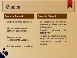 Etapas
 Emperador más poderoso.
 Momento de esplendor
político y económico.
 Aceptación del
Renacimiento Europeo.
 Asimilación del humanismo
 Se extiende el movimiento
luterano y desemboca en
protestantes.
 España, defensora del
catolicismo.
 Periodo de Contrarreforma:
Etapa de desconfianza y
aislamiento respecto a
Europa.
Época de Carlos I Época de Felipe II
 