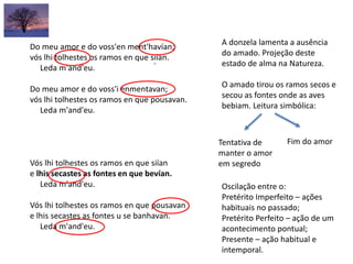 Do meu amor e do voss'en ment'havían;
vós lhi tolhestes os ramos en que siían.
Leda m'and'eu.
Do meu amor e do voss'i enmentavan;
vós lhi tolhestes os ramos en que pousavan.
Leda m'and'eu.
Vós lhi tolhestes os ramos en que siían
e lhis secastes as fontes en que bevían.
Leda m'and'eu.
Vós lhi tolhestes os ramos en que pousavan
e lhis secastes as fontes u se banhavan.
Leda m'and'eu.
A donzela lamenta a ausência
do amado. Projeção deste
estado de alma na Natureza.
O amado tirou os ramos secos e
secou as fontes onde as aves
bebiam. Leitura simbólica:
Tentativa de
manter o amor
em segredo
Fim do amor
Oscilação entre o:
Pretérito Imperfeito – ações
habituais no passado;
Pretérito Perfeito – ação de um
acontecimento pontual;
Presente – ação habitual e
intemporal.
 