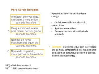 Apresenta a leitura e análise desta
cantiga:
- Explicita o estado emocional do
sujeito lírico
- Apresenta os motivos.
- Demonstra a intencionalidade da
apóstrofe
• Atafinda – o assunto segue sem interrupção
até ao final, completando o sentido de uma
copla com as palavras, ou só com o sentido,
da copla subsequente;
V7*) Não foi onde devia ir.
V10**) Não perdeu o meu amor.
 