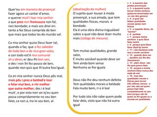 Quer'eu em maneira de proençal
fazer agora un cantar d'amor,
e querrei muit'i loar mia senhor
a que prez nen fremusura non fal,
nen bondade; e mais vos direi en:
tanto a fez Deus comprida de ben
que mais que todas las do mundo val.
Ca mia senhor quiso Deus fazer tal,
quando a faz, que a fez sabedor
de todo ben e de mui gran valor,
e con todo est'é mui comunal
ali u deve; er deu-lhi bon sen,
e des i non lhi fez pouco de ben,
quando non quis que lh'outra foss'igual.
Ca en mia senhor nunca Deus pôs mal,
mais pôs i prez e beldad'e loor
e falar mui ben, e riir melhor
que outra molher; des i é leal
muit', e por esto non sei oj'eu quen
possa compridamente no seu ben
falar, ca non á, tra-lo seu ben, al.
v. 1 - à maneira dos
poetas provençais
v. 3 - e quererei muito
louvar minha senhora
(palavras terminadas em
-or não têm género)
v. 4 - à qual não
faltam qualidades
morais (prez) nem
físicas
v. 5 - a respeito disso, da
"senhor"
v. 6 - perfeita
v. 7 - porque minha
senhora a quis Deus
fazer assim
v. 8 - porque quis Deus
fazer (fazê-la) assim
v. 11 - não bastasse tudo
isso é muito sociável
v. 12 - quando deve ser
... também (er) lhe deu
(bom)senso
v. 13 - além disso não
lhe quis pouco bem
v. 15 - porque a minha
senhora Deus nunca deu
nada de mal
v. 16 - mas deu
qualidades morais e
físicas para louvar
três últimos versos - e
por isto não sei quem
possa hoje falar
completamente no seu
bem porque não há
quem se lhe iguale ou a
exceda em qualidades
(idealização da mulher)
O sujeito quer louvar à moda
provençal, a sua amada, que tem
qualidades físicas, morais e
bondade.
Ela é uma obra divina inigualável
sobre a qual não deve dizer muito
mais (código de mesura).
Tem muitas qualidades, grande
valor,
É muito sociável quando deve ser
Tem ainda bom senso
Nenhuma se lhe iguala
Deus não lhe deu nenhum defeito
Tem qualidades morais e beldade
Fala muito bem, ri e é leal
Por tudo isto não sabe quem pode
falar dela, visto que não há outra
igual
 