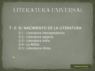 Literatura Universal T. 0: EL NACIMIENTO DE LA LITERATURA 0.1- Literatura mesopotámica 0.2- Literatura egipcia 0.3- Literatura india 0.4- La Biblia 0.5- Literatura china 