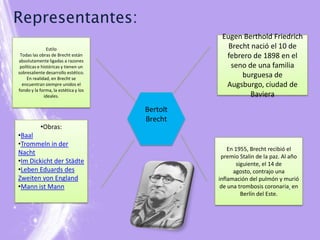 Representantes:
                                                 Eugen Berthold Friedrich
                Estilo                             Brecht nació el 10 de
 Todas las obras de Brecht están                  febrero de 1898 en el
absolutamente ligadas a razones
 políticas e históricas y tienen un                 seno de una familia
sobresaliente desarrollo estético.
     En realidad, en Brecht se
                                                       burguesa de
  encuentran siempre unidos el                    Augsburgo, ciudad de
fondo y la forma, la estética y los
              ideales.                                    Baviera
                                      Bertolt
                                      Brecht
           •Obras:
•Baal
•Trommeln in der
                                                    En 1955, Brecht recibió el
Nacht
                                                 premio Stalin de la paz. Al año
•Im Dickicht der Städte                                siguiente, el 14 de
•Leben Eduards des                                    agosto, contrajo una
Zweiten von England                             inflamación del pulmón y murió
•Mann ist Mann                                   de una trombosis coronaria en
                                                         Berlín del Este.
 