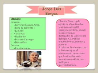 Jorge Luis
                              Borges
Obras:
En verso:                            (Buenos Aires, 24 de
• «Fervor de buenos Aires»           agosto de 1899–Ginebra,
• «Luna de Enfrente »                14 de junio de 1986)
• «La Cifra»                         Escritor argentino, uno de
• Narrativas:                        los autores más
• «Ficciones»                        destacados de la literatura
• «Evaristo Carriego»                del siglo XX. Publicó
• «Discusión»                        ensayos breves, cuentos y
Ensayos                              poemas.
• «Inquisiciones»                    Su obra es fundamental en
                                     la literatura y en el
                                     pensamiento universales
                                     que ha sido objeto de
                                     minuciosos análisis y de
                                     múltiples
                                     interpretaciones.
 
