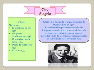 Ciro
                          Alegría

         Obras:              Nació en la hacienda Quilca, provincia de
Narrativas                              Huamachuco en 1909.
• La serpiente de oro –        Excelso escritor peruano de tendencia
  1935                      indígena, considerado como uno de los más
• Los perros                   grandes novelistas peruanos, notable
  hambrientos - 1938       narrador y uno de los mayores representantes
• El mundo es ancho y            de la novela rural latinoamericana
  ajeno - 1941
• Duelo de caballeros –
  1973
• Lázaro – 1973
 