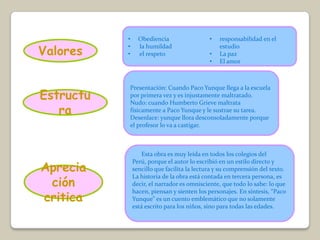 •     Obediencia                  •   responsabilidad en el

Valores
           •     la humildad                     estudio
           •     el respeto                  •   La paz
                                             •   El amor



           Presentación: Cuando Paco Yunque llega a la escuela
Estructu   por primera vez y es injustamente maltratado.
           Nudo: cuando Humberto Grieve maltrata
   ra      físicamente a Paco Yunque y le sustrae su tarea.
           Desenlace: yunque llora desconsoladamente porque
           el profesor lo va a castigar.



                   Esta obra es muy leída en todos los colegios del

Aprecia
               Perú, porque el autor lo escribió en un estilo directo y
               sencillo que facilita la lectura y su comprensión del texto.

 ción
               La historia de la obra está contada en tercera persona, es
               decir, el narrador es omnisciente, que todo lo sabe: lo que

critica
               hacen, piensan y sienten los personajes. En síntesis, “Paco
               Yunque” es un cuento emblemático que no solamente
               está escrito para los niños, sino para todas las edades.
 