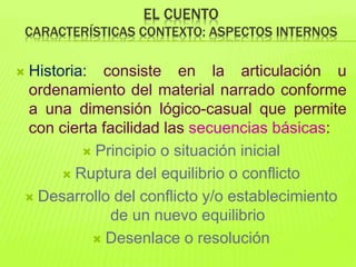 EL CUENTO
CARACTERÍSTICAS CONTEXTO: ASPECTOS INTERNOS
 Historia: consiste en la articulación u
ordenamiento del material narrado conforme
a una dimensión lógico-casual que permite
con cierta facilidad las secuencias básicas:
 Principio o situación inicial
 Ruptura del equilibrio o conflicto
 Desarrollo del conflicto y/o establecimiento
de un nuevo equilibrio
 Desenlace o resolución
 
