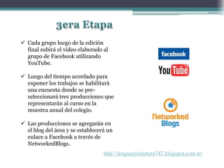 Cada grupo luego de la edición
final subirá el video elaborado al
grupo de Facebook utilizando
YouTube.
 Luego del tiempo acordado para
exponer los trabajos se habilitará
una encuesta donde se pre-
seleccionará tres producciones que
representarán al curso en la
muestra anual del colegio.
 Las producciones se agregarán en
el blog del área y se establecerá un
enlace a Facebook a través de
NetworkedBlogs.
http://lenguaylietartura747.blogspot.com.ar/
 