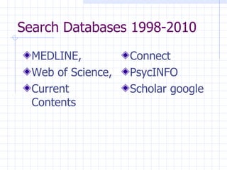 Search Databases  1998-2010 MEDLINE,  Web of Science,  Current Contents Connect PsycINFO Scholar google 