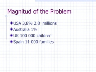 Magnitud of the Problem USA 3,8% 2.8  millions Australia 1% UK 100 000 children Spain 11 000 families 