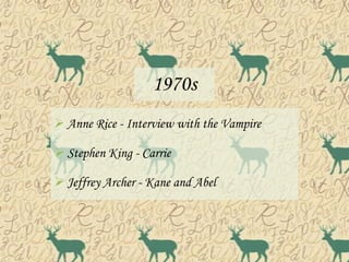 1970s
 Anne Rice - Interview with the Vampire

 Stephen King - Carrie

 Jeffrey Archer - Kane and Abel
 