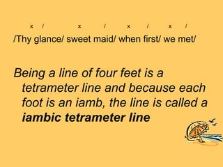 x   /      x     /     x    /    x   /

/Thy glance/ sweet maid/ when first/ we met/


Being a line of four feet is a
 tetrameter line and because each
 foot is an iamb, the line is called a
 iambic tetrameter line
 