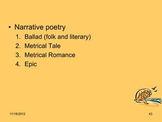 • Narrative poetry
   1.    Ballad (folk and literary)
   2.    Metrical Tale
   3.    Metrical Romance
   4.    Epic




11/18/2012                            43
 