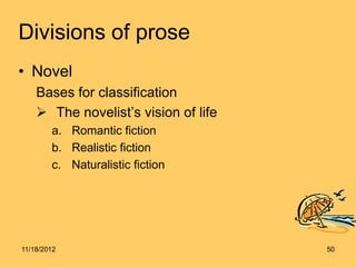 Divisions of prose
• Novel
    Bases for classification
     The novelist’s vision of life
        a. Romantic fiction
        b. Realistic fiction
        c. Naturalistic fiction




11/18/2012                            50
 
