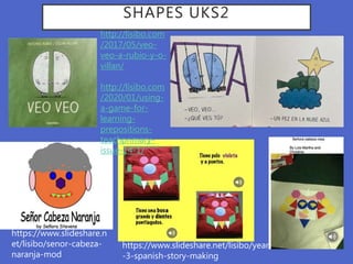 SHAPES UKS2
http://lisibo.com
/2017/05/veo-
veo-a-rubio-y-o-
villan/
http://lisibo.com
/2020/01/using-
a-game-for-
learning-
prepositions-
teachprimary-
issue-14-1/
https://www.slideshare.net/lisibo/year
-3-spanish-story-making
https://www.slideshare.n
et/lisibo/senor-cabeza-
naranja-mod
 