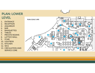 GO TO CONTENTS
PLAN, SCALE 1:400
1. ENTRANCE
2. RECEPTION
3. AQUARIUM
4. BAR
5. BANQUETTES
6. TABLES
7. PRIVATE ROOMS
8. LATTICE WALL
9. STAIR
10. LIGHTBOX
11. KITCHEN
12. WCS
13. CIRCULATION AND
SERVICE CORE
PLAN: LOWER
LEVEL
 