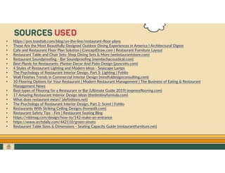 GO TO CONTENTS
SOURCES USED
• https://pos.toasttab.com/blog/on-the-line/restaurant-floor-plans
• These Are the Most Beautifully Designed Outdoor Dining Experiences in America | Architectural Digest
• Cafe and Restaurant Floor Plan Solution | ConceptDraw.com | Restaurant Furniture Layout
• Restaurant Table and Chair Sets: Shop Dining Sets & More (webstaurantstore.com)
• Restaurant Soundproofing - Bar Soundproofing (memtechacoustical.com)
• Best Plants for Restaurants: Planter Decor And Patio Design (jayscotts.com)
• 4 Styles of Restaurant Lighting and Modern Ideas - Seascape Lamps
• The Psychology of Restaurant Interior Design, Part 3: Lighting | Fohlio
• Wall Finishes Trends in Commercial Interior Design (mindfuldesignconsulting.com)
• 10 Flooring Options for Your Restaurant | Modern Restaurant Management | The Business of Eating & Restaurant
Management News
• Best types of Flooring for a Restaurant or Bar (Ultimate Guide 2019) (expressflooring.com)
• 17 Amazing Restaurant Interior Design Ideas (thedestinyformula.com)
• What does restaurant mean? (definitions.net)
• The Psychology of Restaurant Interior Design, Part 2: Scent | Fohlio
• Restaurants With Striking Ceiling Designs (homedit.com)
• Restaurant Safety Tips - Fire | Restaurant Seating Blog
• https://rddmag.com/design/how-to/142-make-an-entrance
• https://www.archdaily.com/442110/green-sinato
• Restaurant Table Sizes & Dimensions - Seating Capacity Guide (restaurantfurniture.net)
 