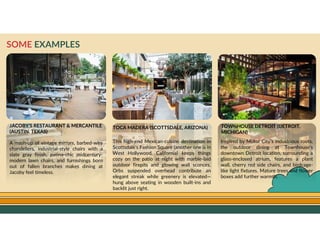 GO TO CONTENTS
SOME EXAMPLES
A mash-up of vintage mirrors, barbed-wire
chandeliers, industrial-style chairs with a
slate gray finish, patina-chic midcentury-
modern lawn chairs, and furnishings born
out of fallen branches makes dining at
Jacoby feel timeless.
This high-end Mexican-cuisine destination in
Scottsdale’s Fashion Square (another one is in
West Hollywood, California) keeps things
cozy on the patio at night with marble-laid
outdoor firepits and glowing wall sconces.
Orbs suspended overhead contribute an
elegant streak while greenery is elevated—
hung above seating in wooden built-ins and
backlit just right.
TOCA MADERA (SCOTTSDALE, ARIZONA)
JACOBY’S RESTAURANT & MERCANTILE
(AUSTIN, TEXAS)
TOWNHOUSE DETROIT (DETROIT,
MICHIGAN)
Inspired by Motor City’s industrious roots,
the outdoor dining at Townhouse’s
downtown Detroit location, surrounding a
glass-enclosed atrium, features a plant
wall, cherry red side chairs, and birdcage-
like light fixtures. Mature trees and flower
boxes add further warmth.
 